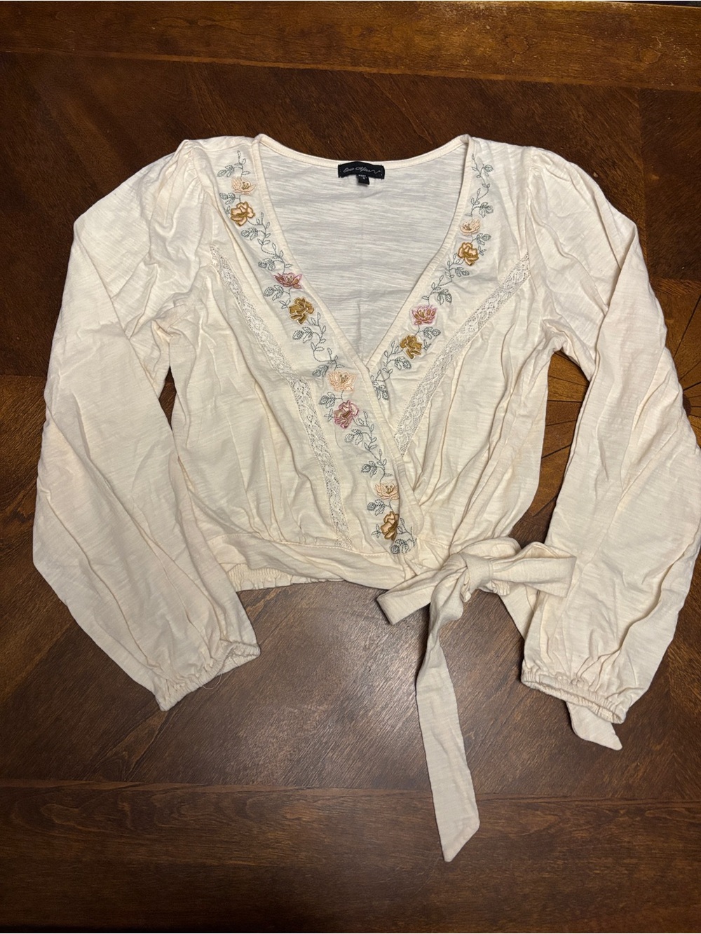 Embroidered Tie-Front Cream Wrap Top, Small